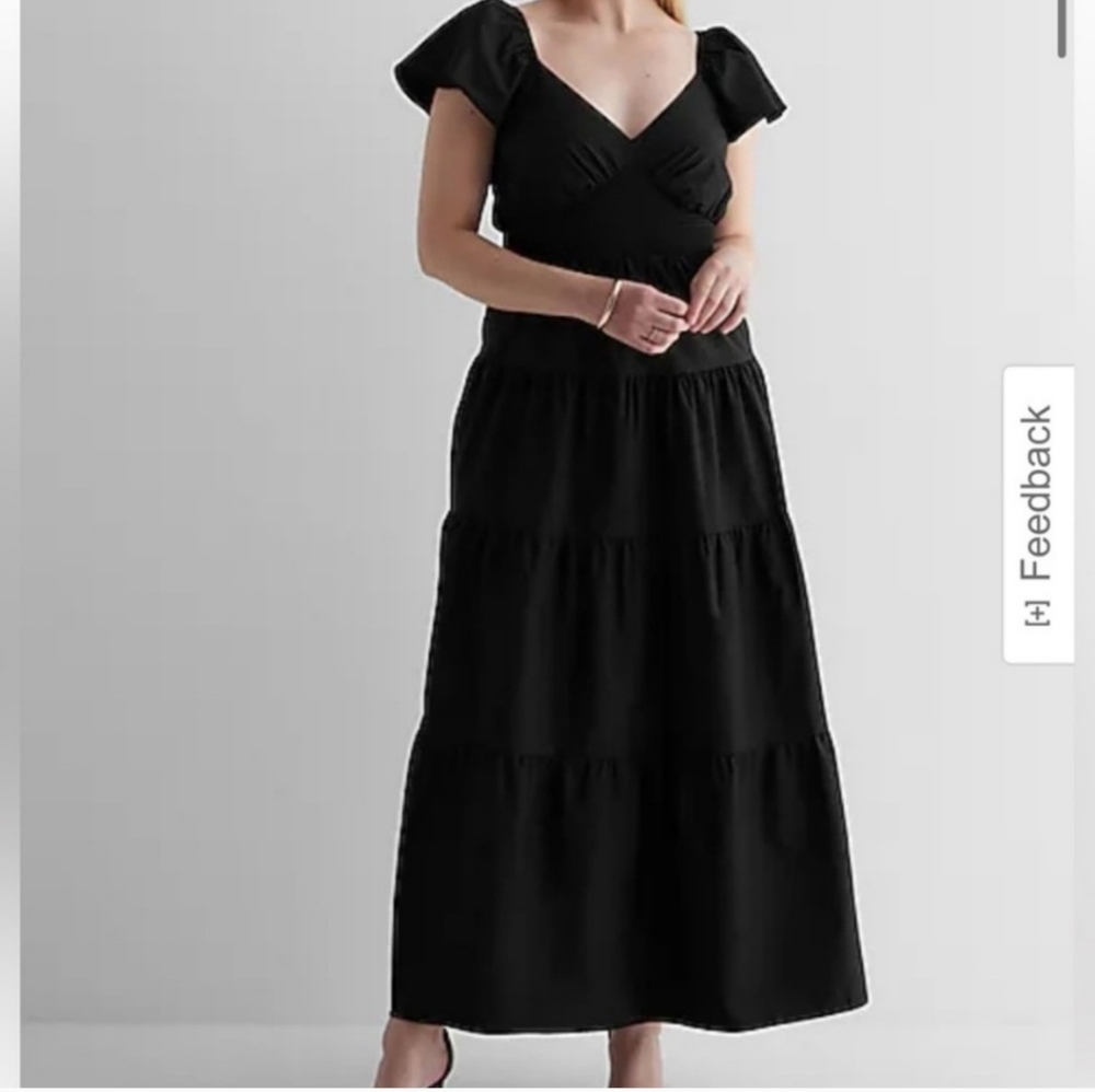 Express v-neck flutter sleeve tiered poplin black Maxi Dress